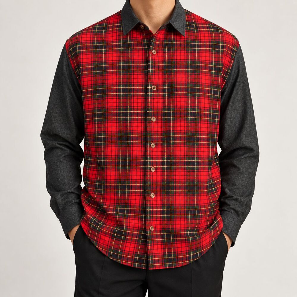 Mens Large Red Gray Tartan Plaid Denim Long Sleeve Button Up Shirt Western NWT